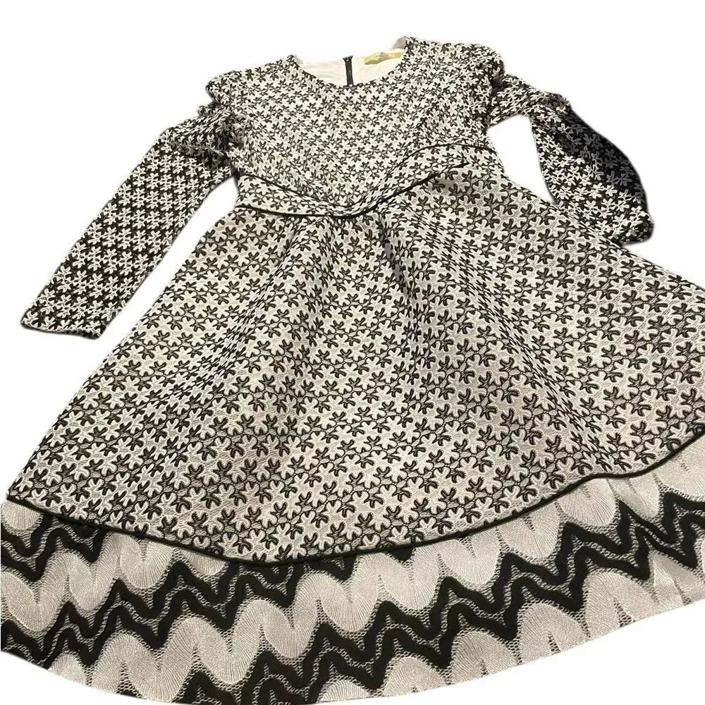 Black & White Long-Sleeve Patterned Fit-and-Flare Dress